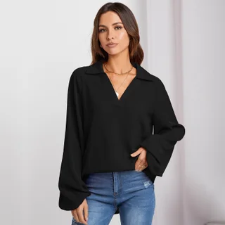 Women's Solid Color V-neck Shirt With A Niche Design - Black