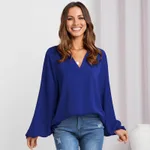 Women's Solid Color V-neck Shirt With A Niche Design - Color Blue