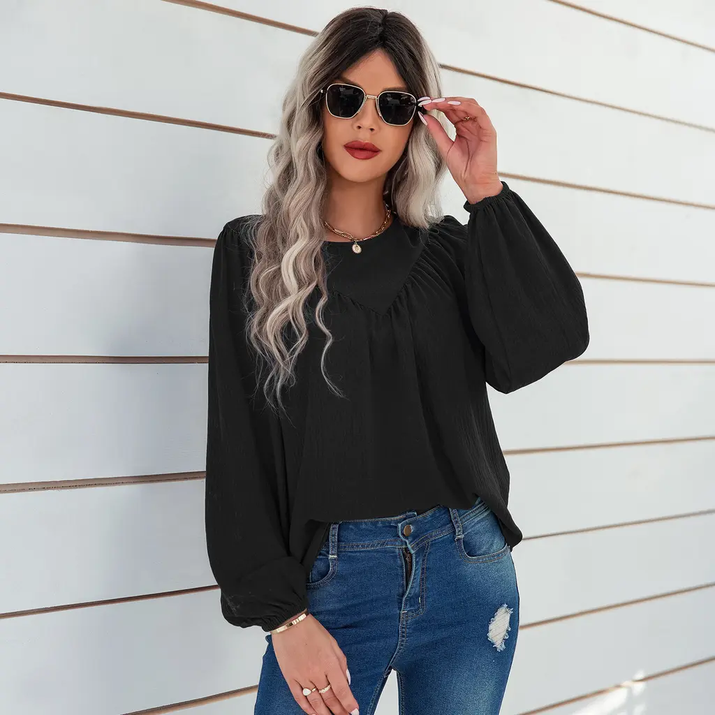 Women's Solid Color Round Neck Pullover Shirt Loose Shirt - Black