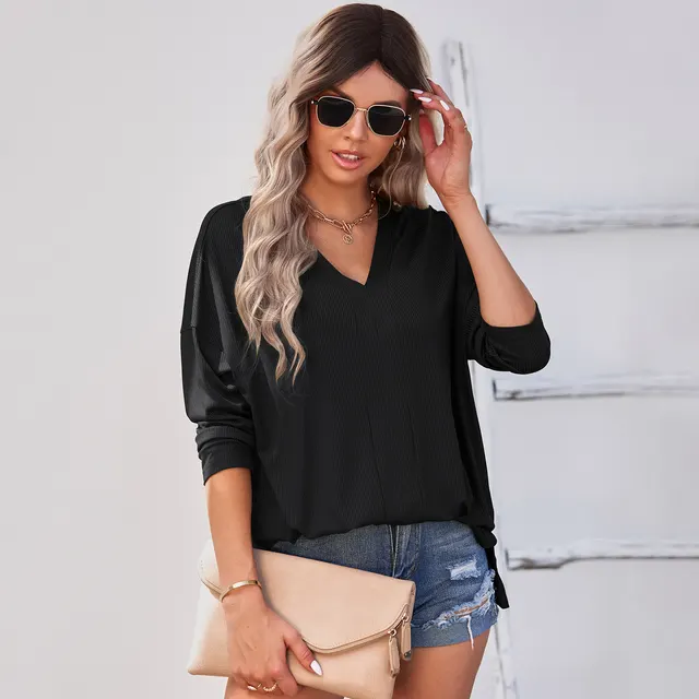 Women's V Neck Solid Color Pullover Thin Knit Sweater Black - Shop at LoveMi