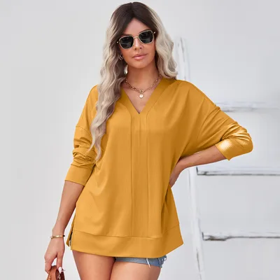 Women's V Neck Solid Color Pullover Thin Knit Sweater Ginger M - Shop at LoveMi