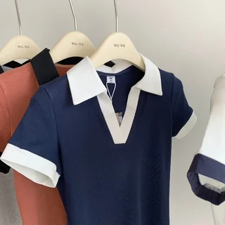 V-collar Contrast Color Polo Shirt Short Slim T-shirt Top - Blue