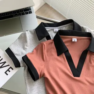 V-collar Contrast Color Polo Shirt Short Slim T-shirt Top - Brick Red