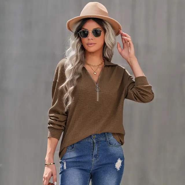 Women's Casual Lapel Pullover Knit Tops Khaki - Shop at LoveMi