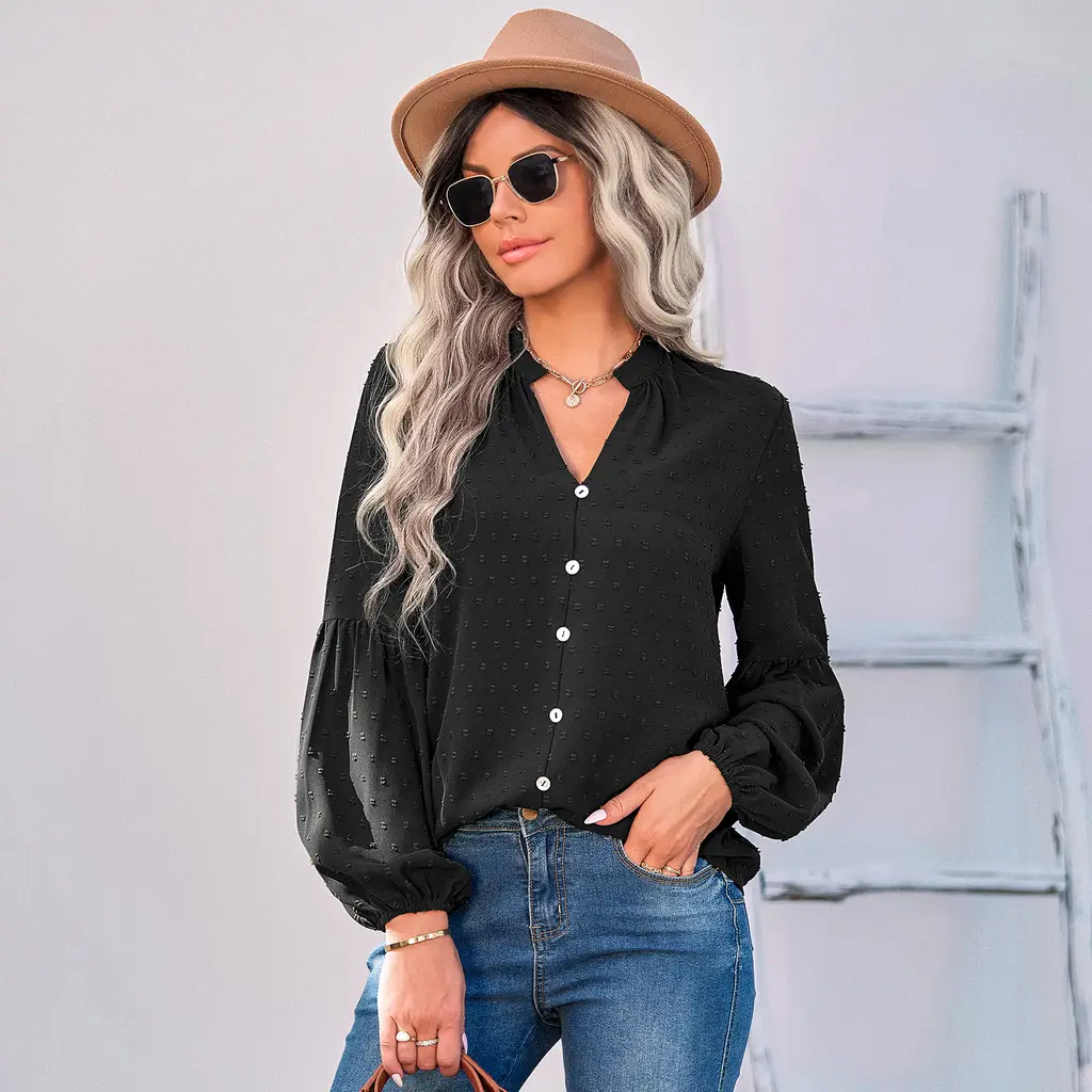Women's Fashion Pullover Fashion Swiss Polka Dot V-Neck Shirt - Black