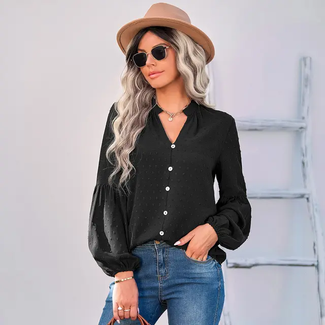 Women's Fashion Pullover Fashion Swiss Polka Dot V Neck Shirt Black - Shop at LoveMi