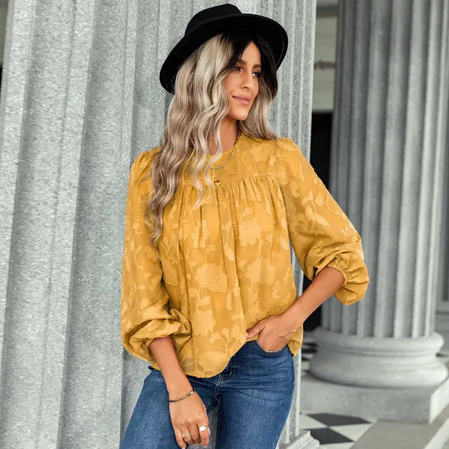 Women's Loose Chiffon Shirt Jacquard Crew Neck Top Yellow - Shop at LoveMi