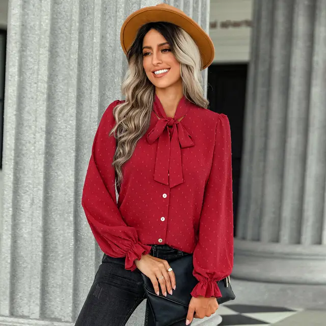 Women's Bow Temperament Slim Professional Shirt Red - Shop at LoveMi