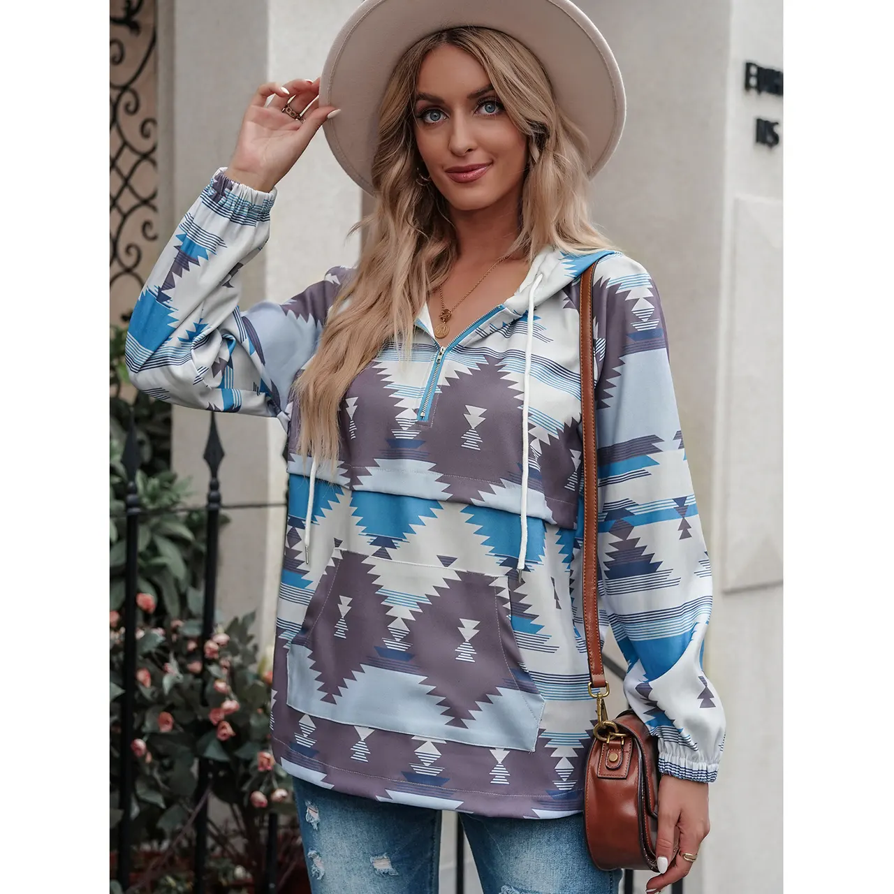 Women's Fashion Print Hooded Sweater Jacket - Blue