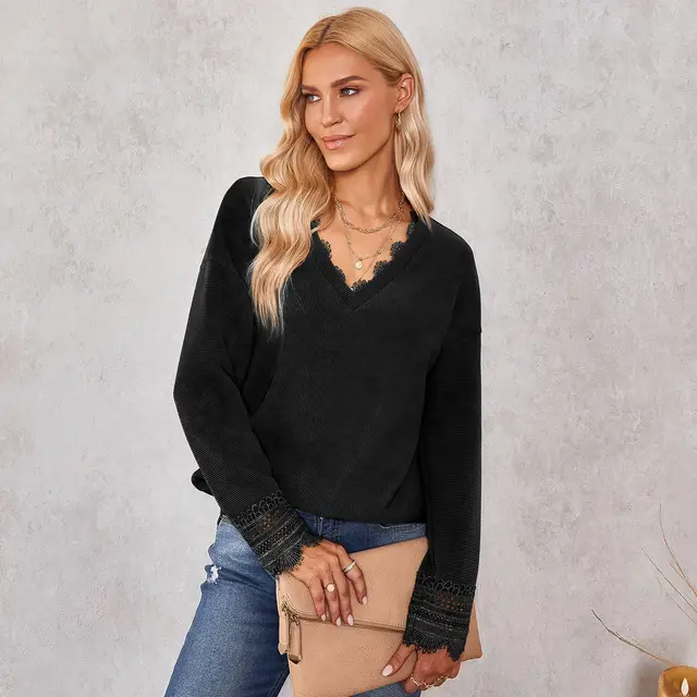 Women's Fashion Knitted Lace V Neck Bottoming Shirt Black - Shop at LoveMi