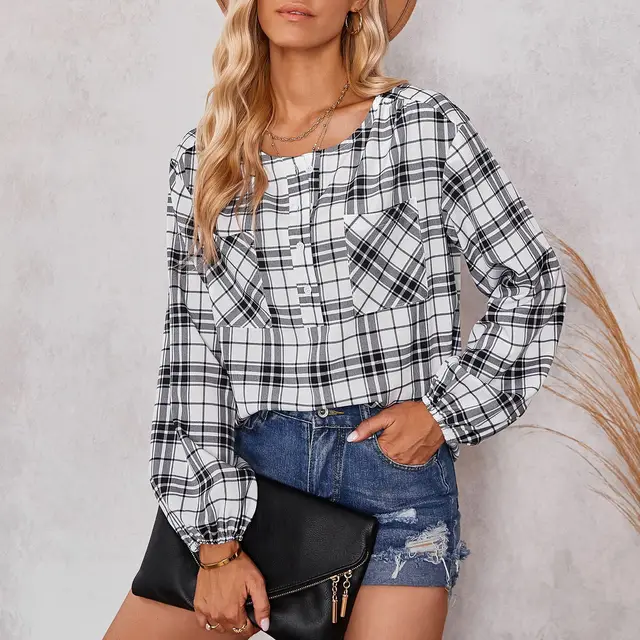 Women's Fashion Plaid Round Neck Shirt White - Shop at LoveMi