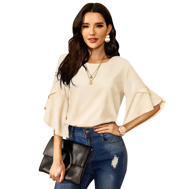 Women's Fashion Versatile Solid Color Loose T Shirt Chiffon Shirt Apricot - Shop at LoveMi