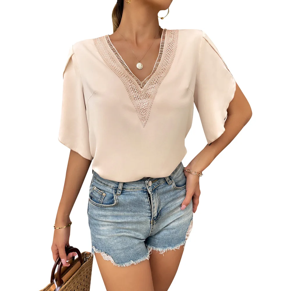 Women's Lace Solid V Neck Versatile Solid T Shirt Apricot - Shop at LoveMi