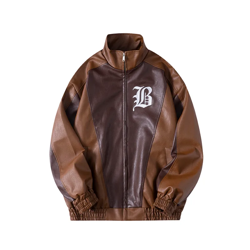 High Street Contrast Patchwork Embroidered Leather Jacket Coffee - Shop at LoveMi