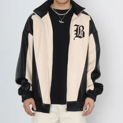 High Street Contrast Patchwork Embroidered Leather Jacket White - Shop at LoveMi