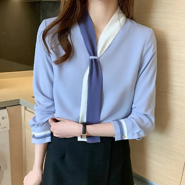 Lace Up Chiffon Long Sleeved Western Style Bottoming Shirt Top Blue - Shop at LoveMi