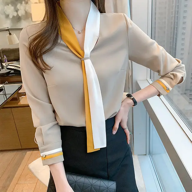 Lace Up Chiffon Long Sleeved Western Style Bottoming Shirt Top Yellow - Shop at LoveMi