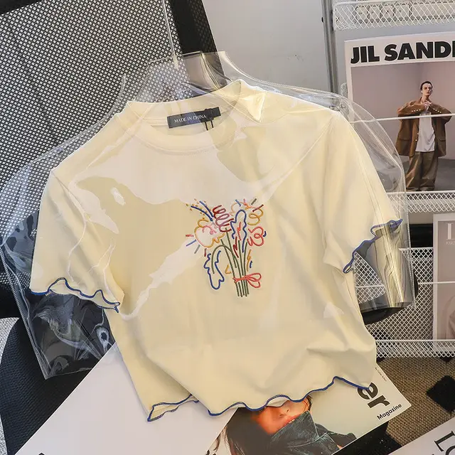 High Waist Cropped Embroidery Contrast Color Half Sleeve Top For Women Apricot - Shop at LoveMi