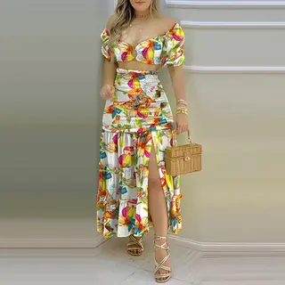 Women's Fashion Printed Split Skirt Two Piece Set - White Color Flower