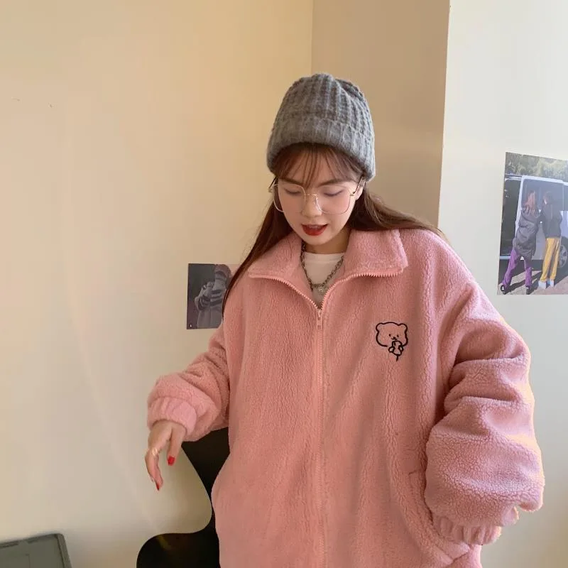 Women's Loose Stand Collar Lamb Wool Coat Tan - Shop at LoveMi