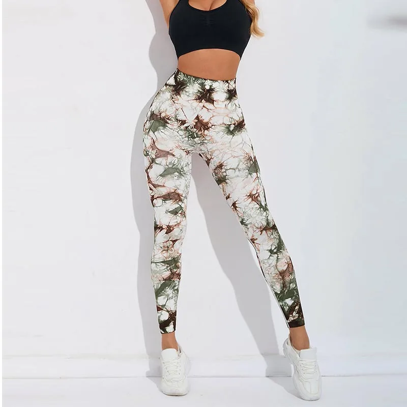 Tie-Dye Seamless High-Rise Sports Leggings - Green Brown White