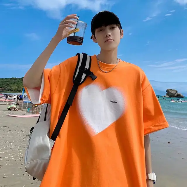 Heart Print Cotton Plus Fertilizer Oversized Short Sleeve T Shirt Orange - Shop at LoveMi