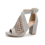 Women's Chunky High Heel Hollow Buckle Roman Shoes - Grey