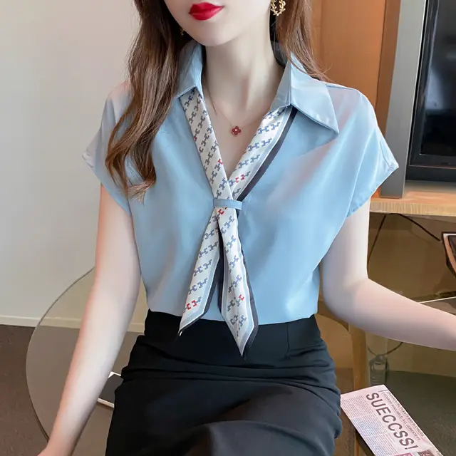 Women's New V neck Thin Chiffon Short Sleeve Tie Shirt Blue5101 - Shop at LoveMi