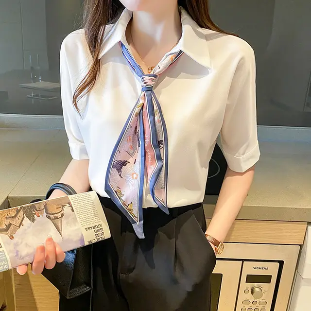 Women's New V neck Thin Chiffon Short Sleeve Tie Shirt White - Shop at LoveMi