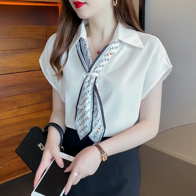 Women's New V neck Thin Chiffon Short Sleeve Tie Shirt White5101 - Shop at LoveMi