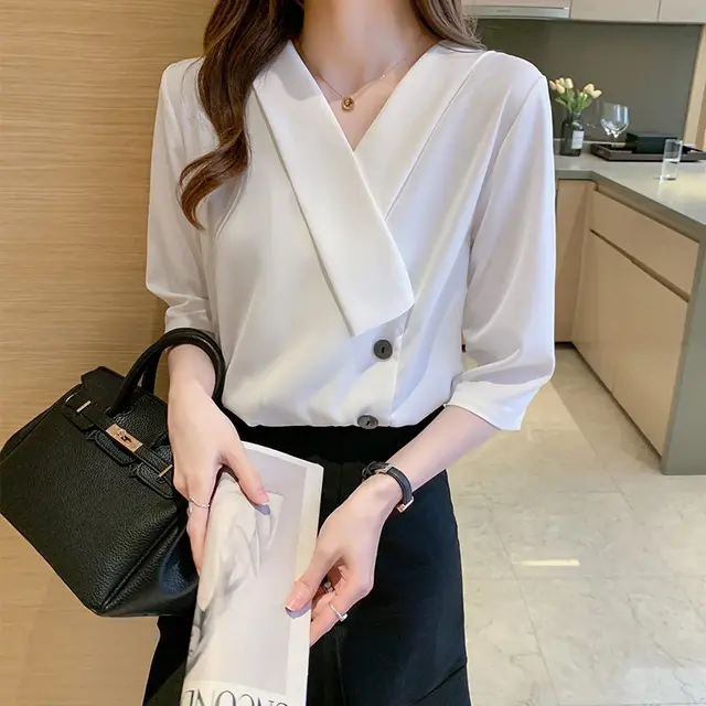 Suit Collar Chiffon Shirt Women's Temperament Half Sleeve Top White - Shop at LoveMi