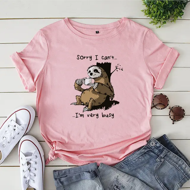 Women's Loose Crew Neck Printed Short Sleeve T Shirt Pink - Shop at LoveMi