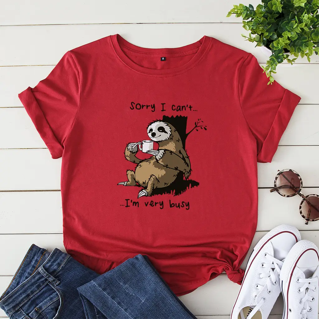 Women's Loose Crew Neck Printed Short Sleeve T-Shirt - Red