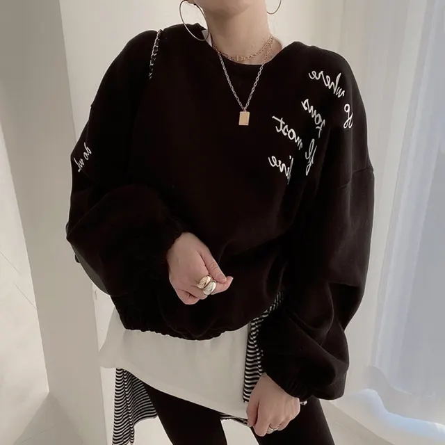 Women's Simple Round Neck Pullover Letter Print Loose Sweater Black - Shop at LoveMi