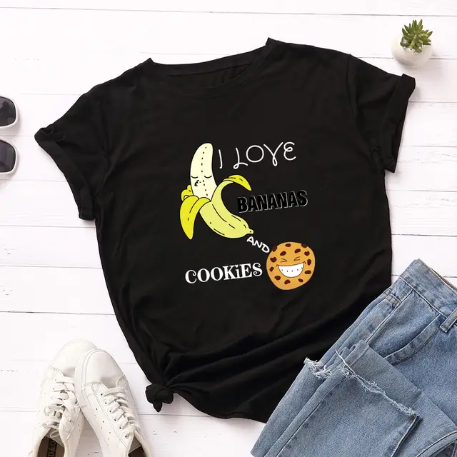 Women's Spoof Banana Letters Loose Crew Neck Short Sleeve T Shirt Black - Shop at LoveMi