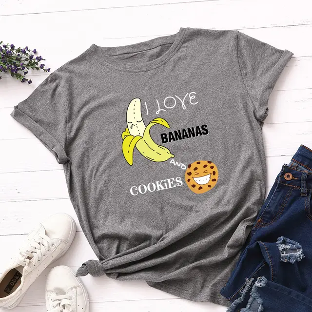 Women's Spoof Banana Letters Loose Crew Neck Short Sleeve T Shirt Dark Grey - Shop at LoveMi