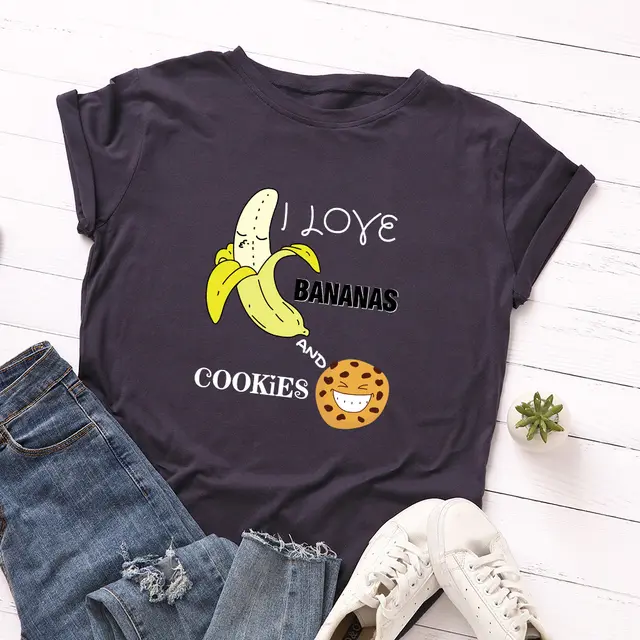Women's Spoof Banana Letters Loose Crew Neck Short Sleeve T Shirt Navy Blue - Shop at LoveMi
