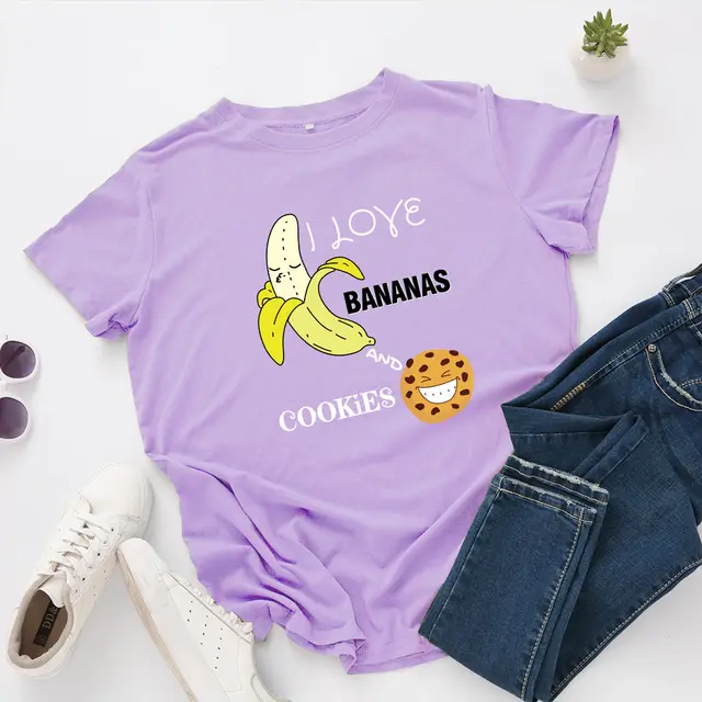 Women's Spoof Banana Letters Loose Crew Neck Short Sleeve T Shirt Purple - Shop at LoveMi