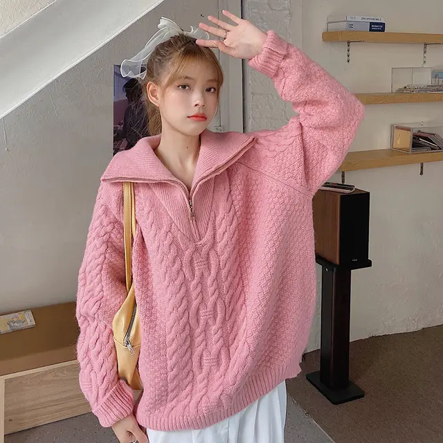 Women's Sweet Loose Turtleneck Half Zip Sweater Pink - Shop at LoveMi