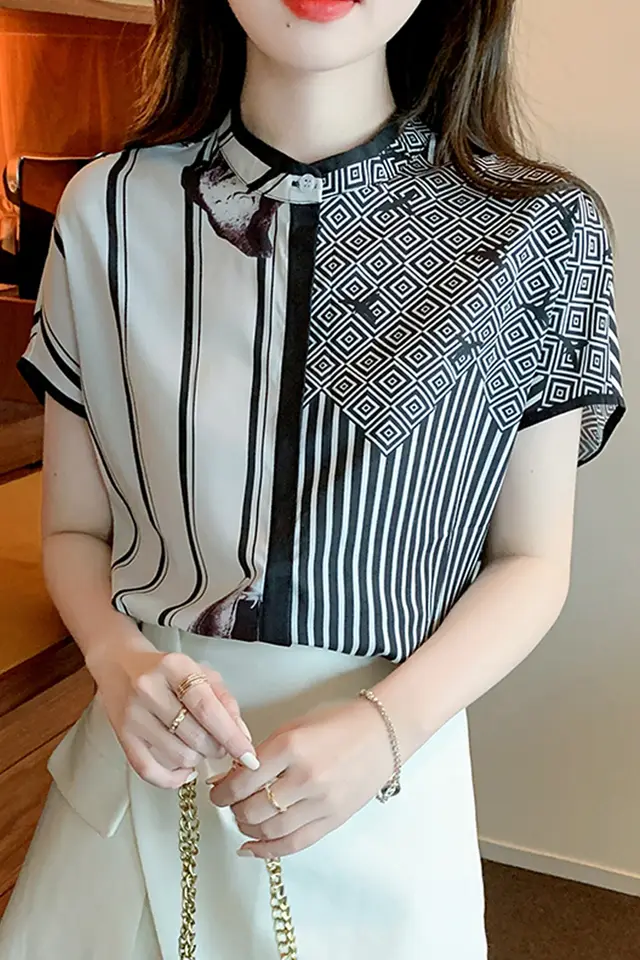Short Sleeve Chiffon Shirt Women Summer Retro Stand Collar Print1 - Shop at LoveMi