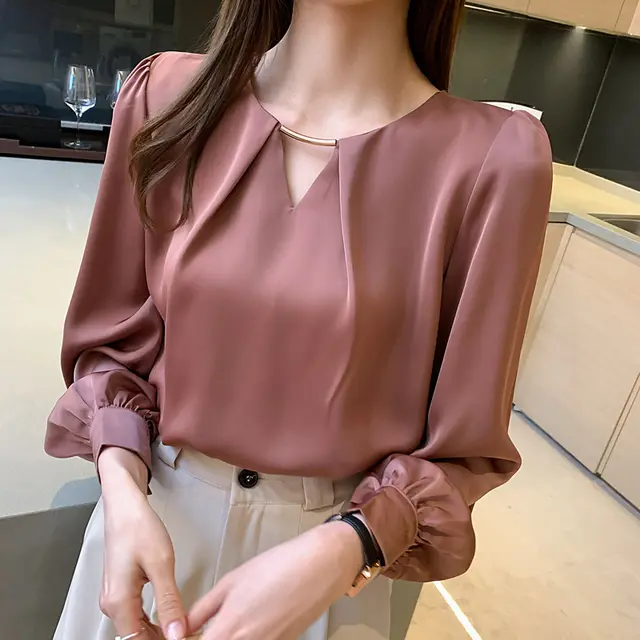 High quality Acetate Satin Shirt Women's Design Sense Brick Red - Shop at LoveMi