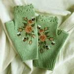 Embroidered Ladies Warm Gloves Bee Floral Knit - Green