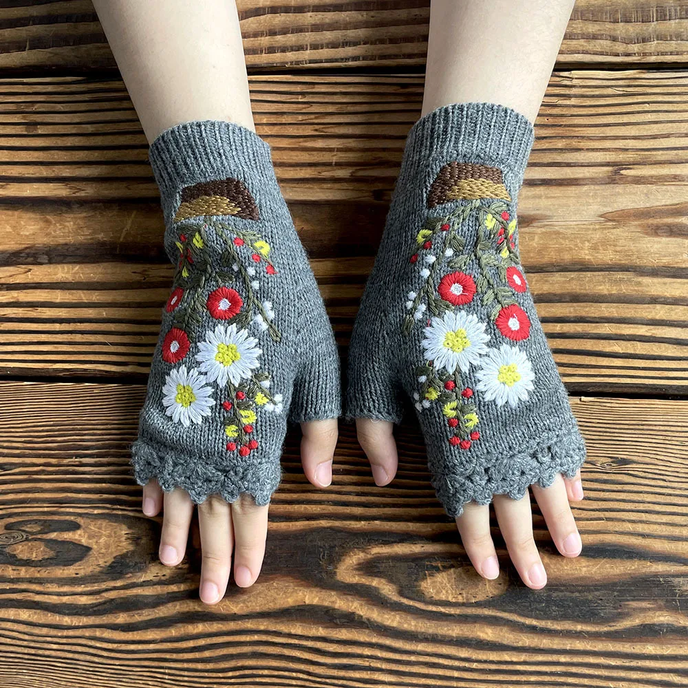 Potted Little Red Flower Long Warm Women's Knitted Gloves - Grey