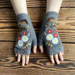 Potted Little Red Flower Long Warm Women's Knitted Gloves - Grey