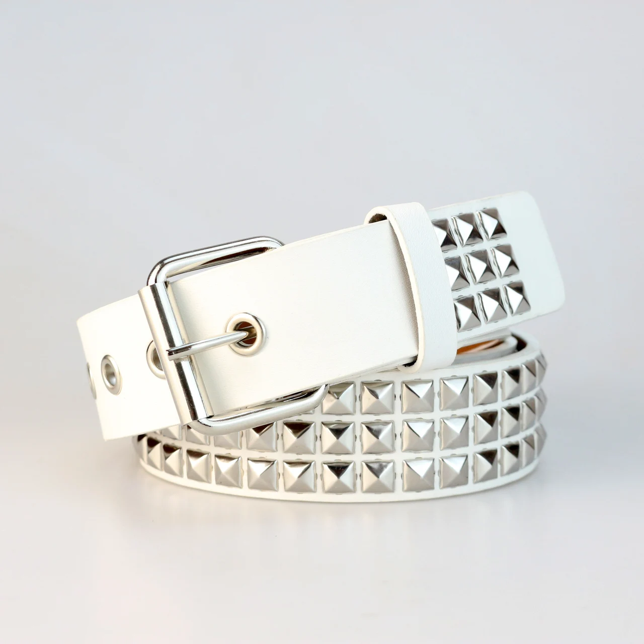 Punk Hardware Square Bead Rivet Pin Buckle Metal Belt - White