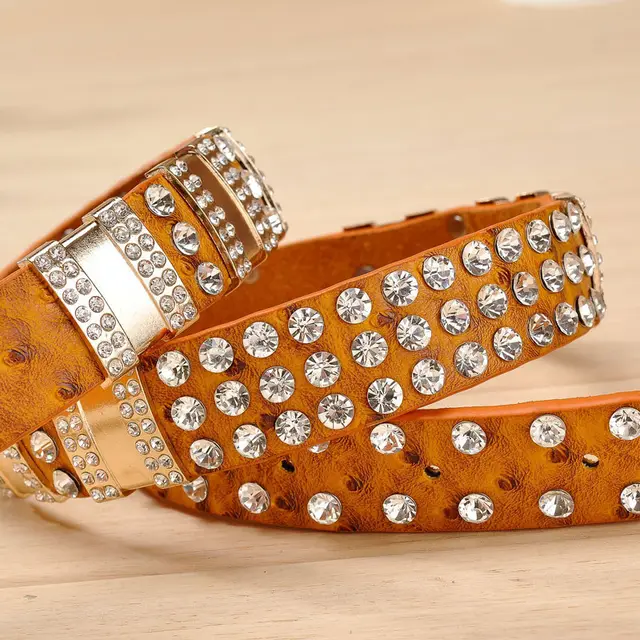 Decorative Fashion Wide Rhinestone Full Diamond Belt - Khaki