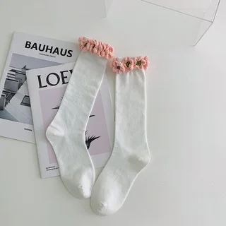 Handmade Flowers Calf Socks Women's Cotton Long Tube Internet Celebrity INS Tide High Tube JK Knee-length Calf Socks - White