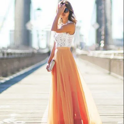 20 New Versatile Chiffon Waist slimming Long Dress High Waist Pleated Skirt Orange - Shop at LoveMi