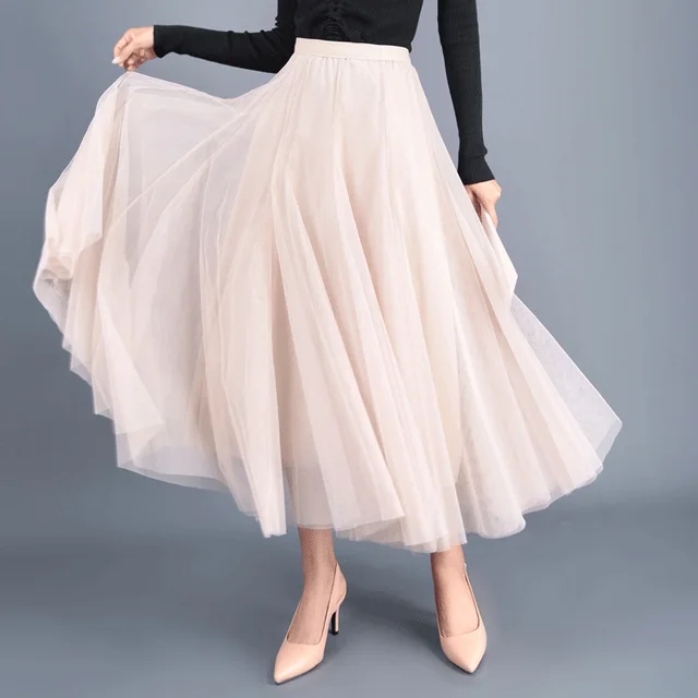 Spring Swing Puffy Ankle length Skirt High Waist Slim Fit Fairy Skirt Tulle Skirt A Line Skirt Apricot - Shop at LoveMi