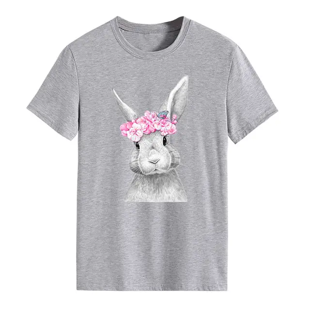 Rabbit Printed Short Sleeve Round Neck Fashion Women's T shirt Light Gray - Shop at LoveMi